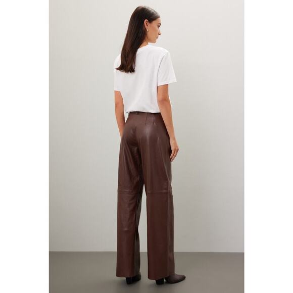 VEDA Brown Leather Trousers Zip Up Fly Button Closure Wide Leg Pants Size 4 - Picture 3 of 16
